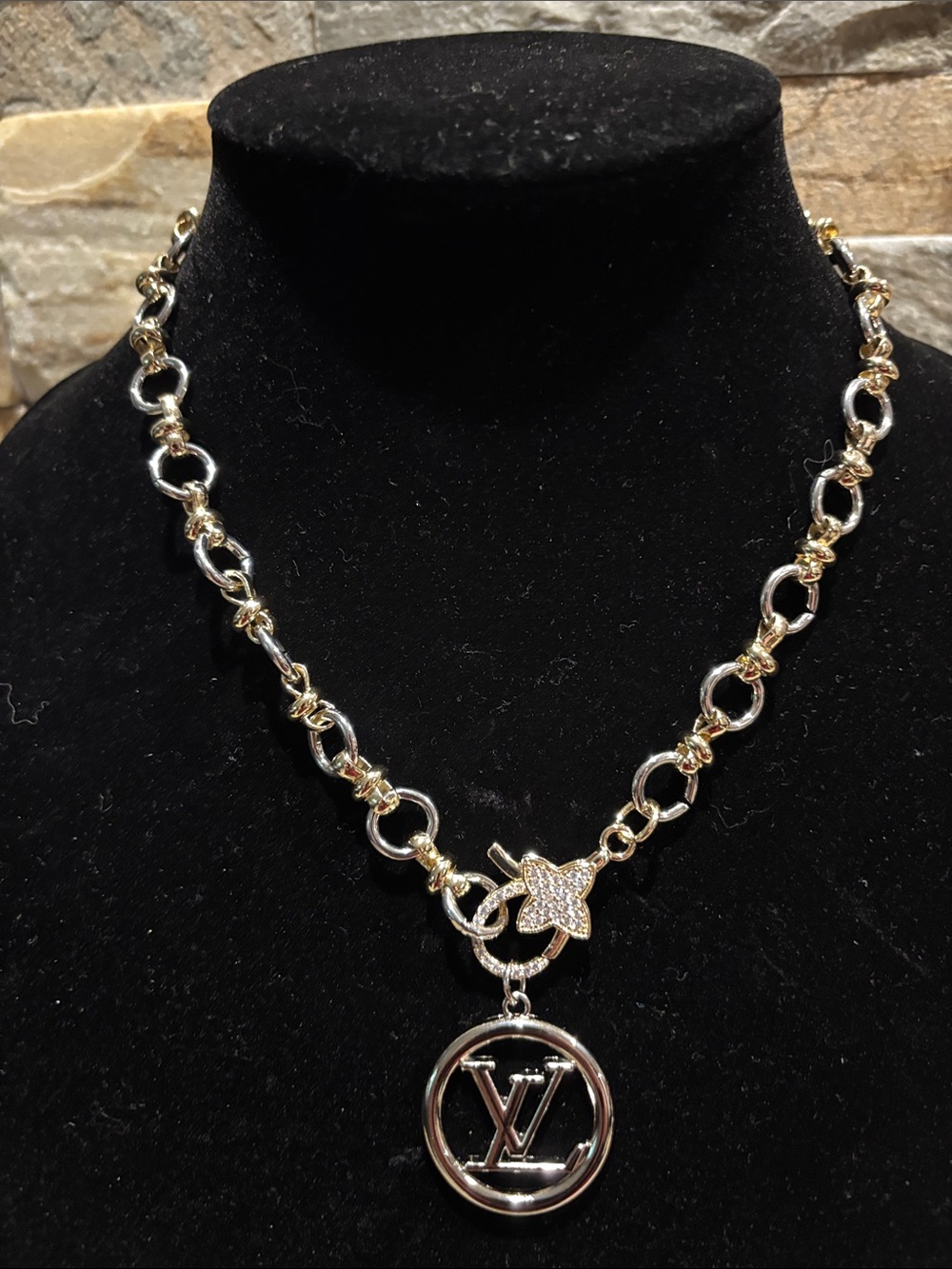 Gold and Silver Chain Necklace with LV Medallion - Luxury Designer Style